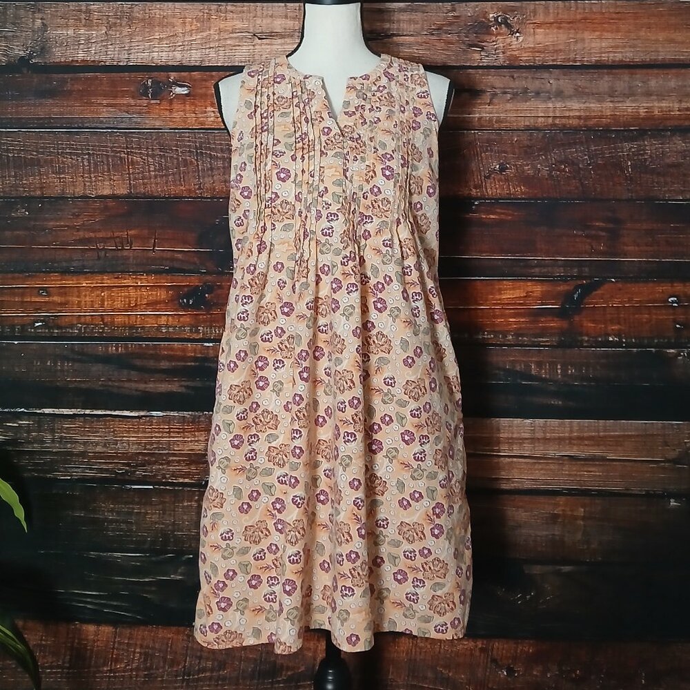 Sonoma Shift Dress S Linen Rayon Peach Floral Pin Tuck Pleat Pockets - Picture 2 of 8